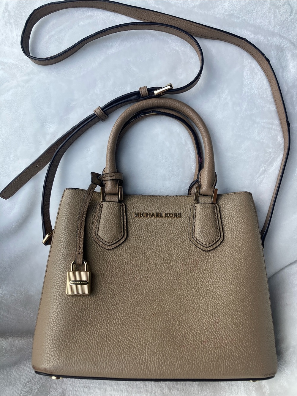 Michael Kors Pebbled Leather Satchel in Taupe with Gold Hardware